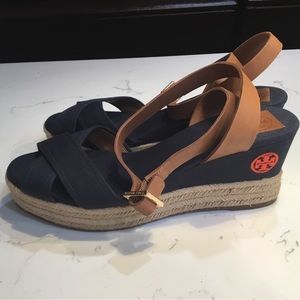 Tory Burch espadrille wedge sandals blue canvas women’s size 9.5